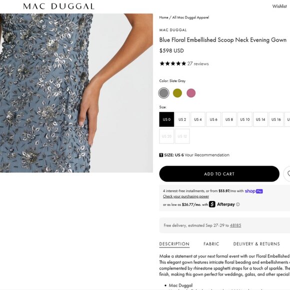 $598 Mac Duggal Size 4 Slate Blue Silver Floral Embellished Long Maxi Dress Gown - Picture 2 of 6